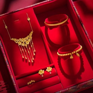 结婚假三金首饰葫芦生花五金套装假黄金手镯仿真戒指订婚沙金项链