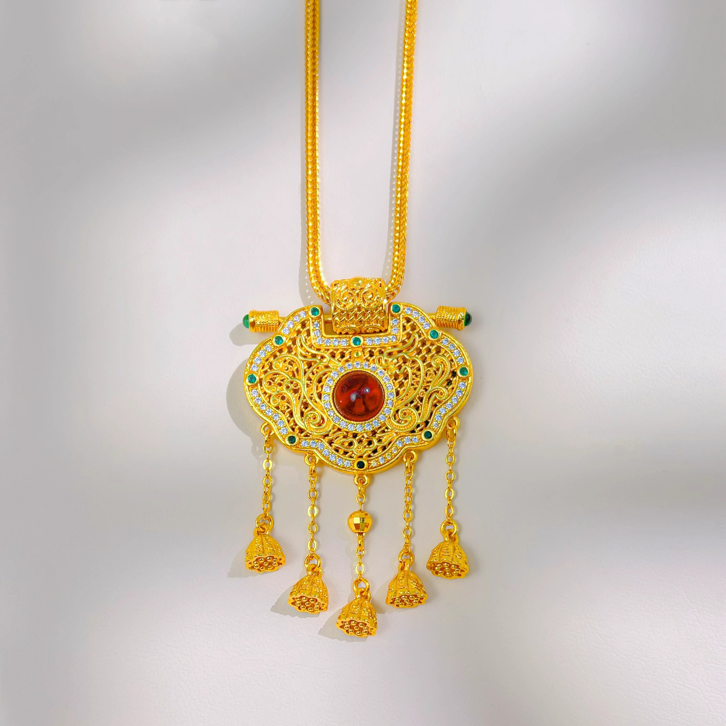 天子门生金锁镀黄金仿真龙凤呈祥吊坠古法花丝流苏璎珞项链饰品