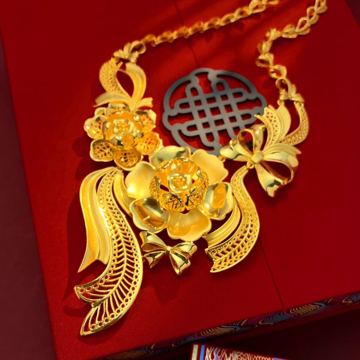 新中式百合花结婚仿真假三金项链仿金新娘龙凤袍配饰镀黄金饰品