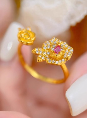 中式复古微镶锆石双生玫瑰花戒指