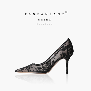 太优雅了！云朵刺绣透气网纱高跟鞋 手工高级尖头8.5CM蕾丝宴会鞋