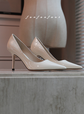 如履平地 米白色 牛漆皮 尖头8.5CM高跟鞋 LOVE85版型 工作鞋