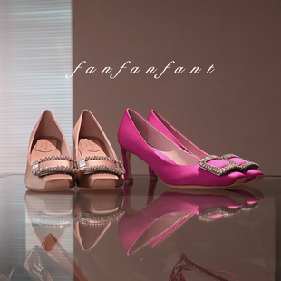 钻扣定制真丝 高级婚鞋 7CM方扣舒适高跟鞋 型超正 版 fanfanfant
