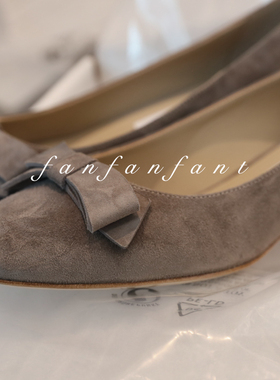 质感在线！大蝴蝶结圆头粗跟3.5CM高跟鞋 舒适麂皮高级灰色工作鞋