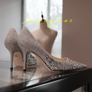 如履平地 细闪渐变银色格丽特 高跟鞋 尖头8.5CM工作鞋 高级婚鞋