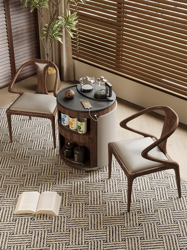 移动阳台小茶车简约火烧石茶几沙发边几小户型新中古风木泡茶台