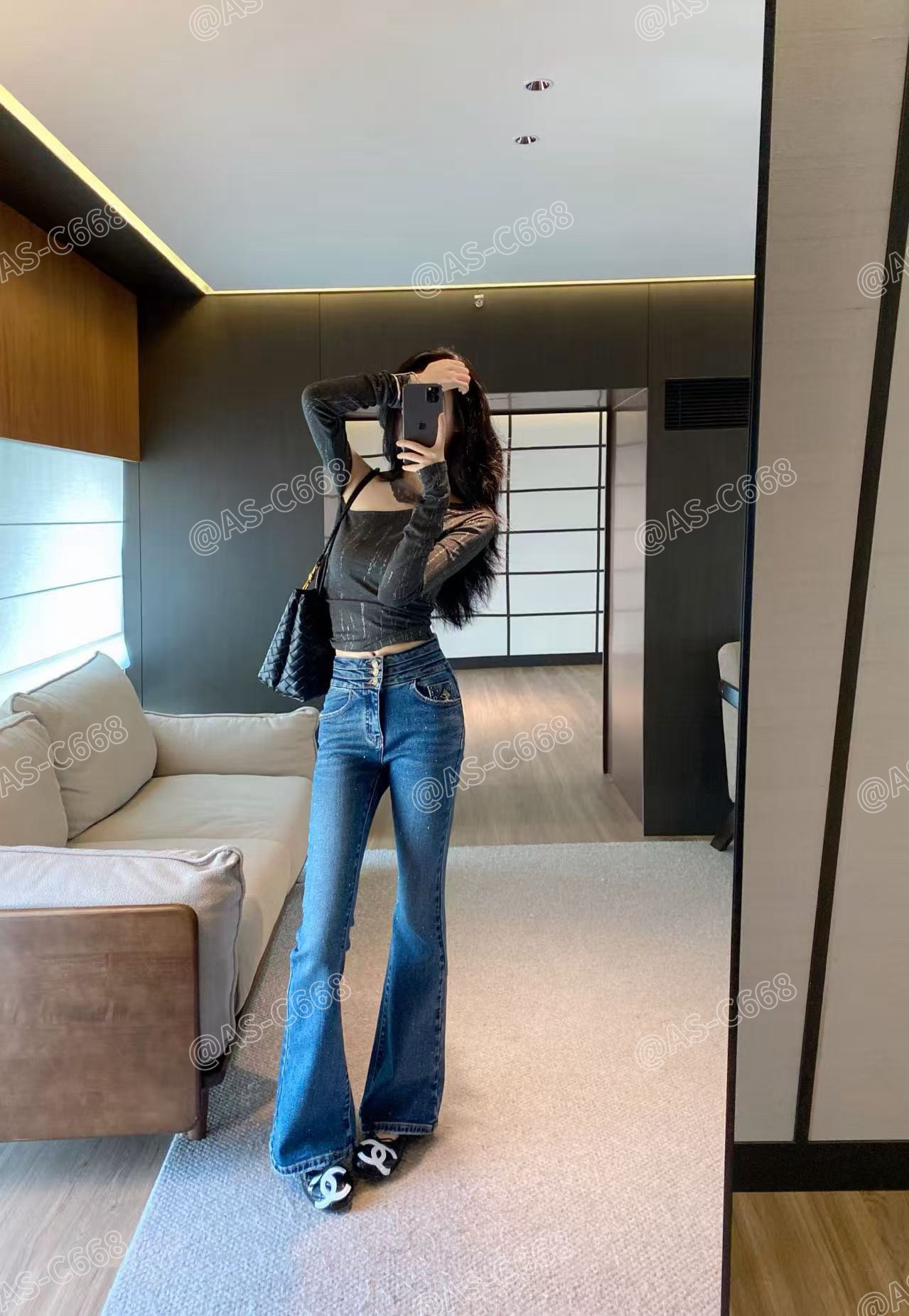 欧洲站2025AS秋季新款高腰烫钻微喇设计感洋气弹力牛仔裤女喇叭裤