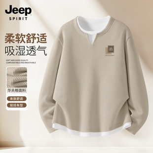 JEEP吉普假两件长袖t恤男新款春季内搭上衣男款华夫格男士打底衫X