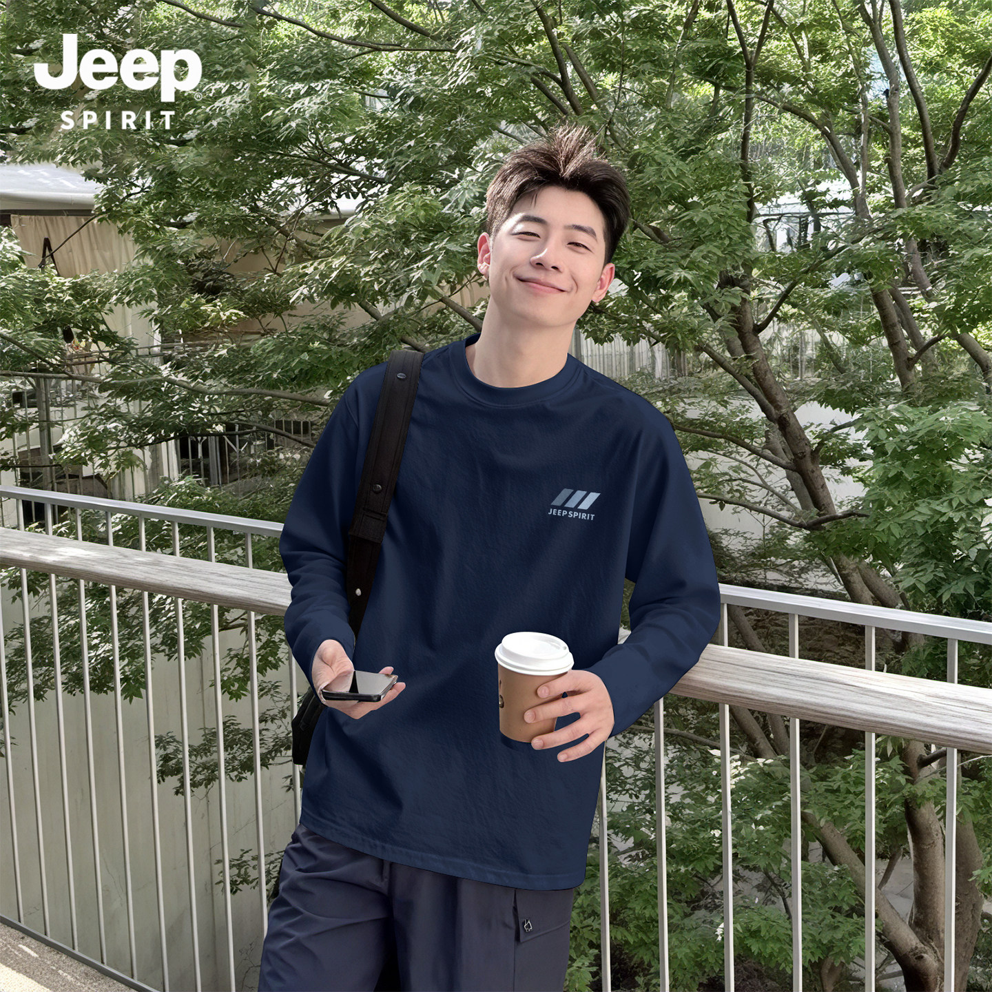 JEEP吉普长袖t恤男春秋季青少年纯棉打底衫男款潮流百搭男生上衣X