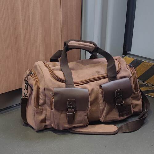 复古帆布手提包男百搭斜挎单肩包打工旅行行李包大容量出行收纳包