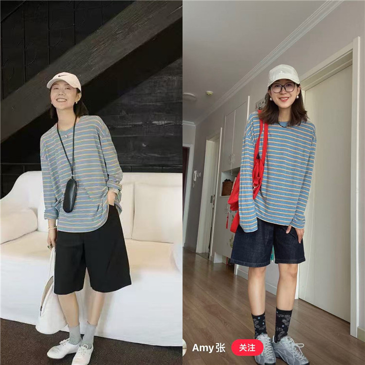 【羊家】汉麻棉条纹长袖Tee+黑色平纹五分中裤 女