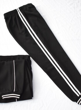 黑色校服双白条罗纹束脚裤两条杠初高中男女学生校裤宝蓝色一道杠