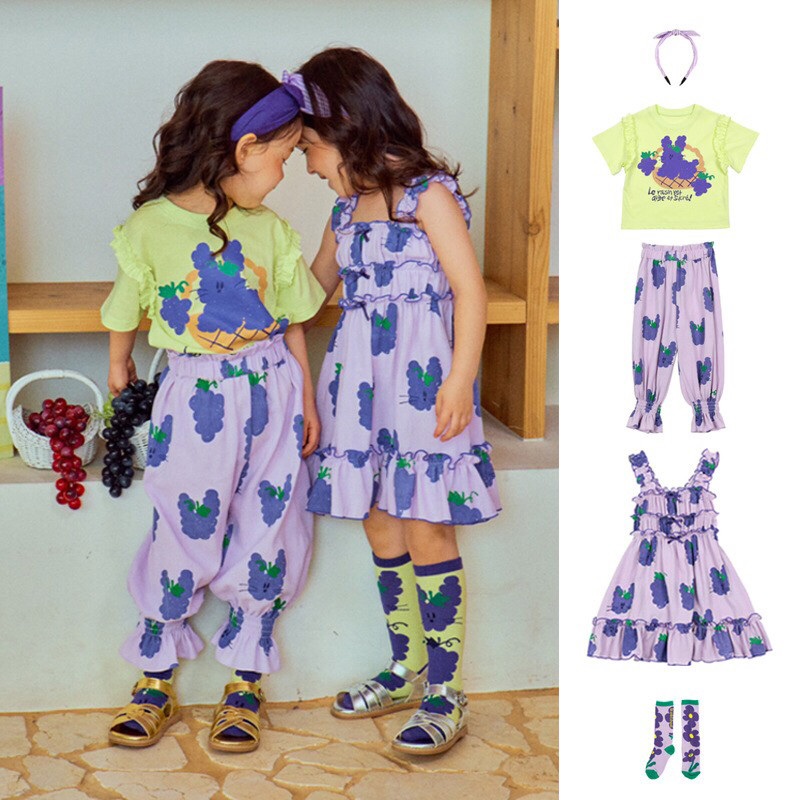韩国夏季新品韩版ins潮童装男女童紫色卡通兔子短袖T恤短裤连衣裙