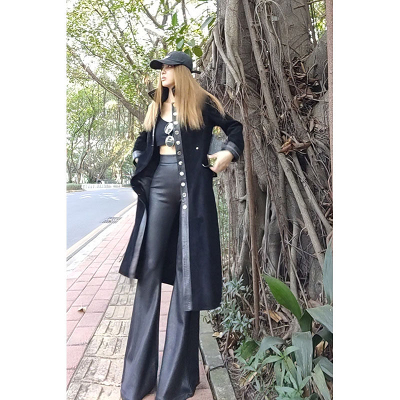 AOAOMISSSHOP【鳌鳌的喇叭裤】2025秋冬黑色高腰鹿皮绒阔脚长裤