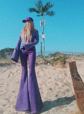 AOAOMISSSHOP 新款鹿皮绒高腰紫色大喇叭裤女