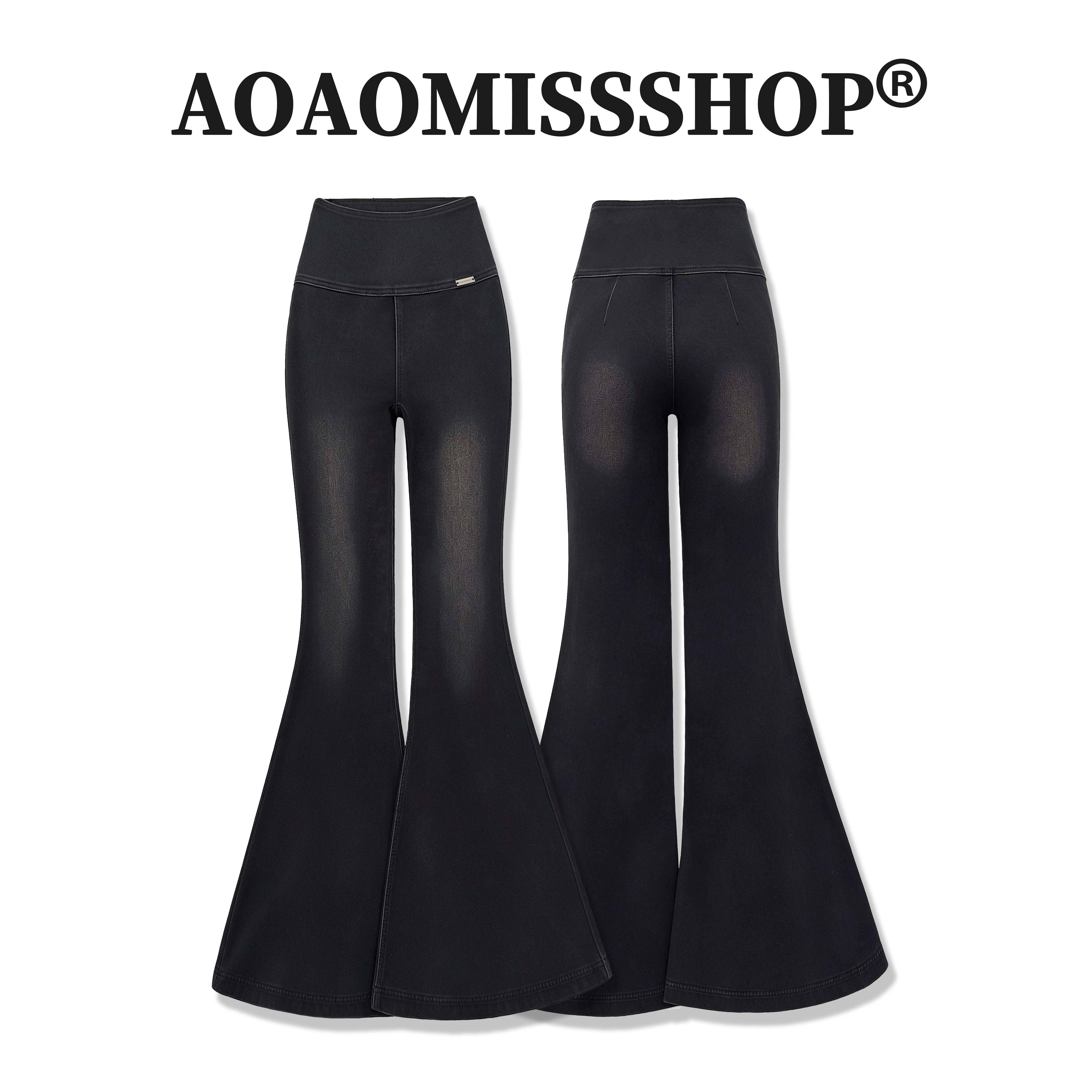【右侧拉链大喇叭】AOAOMISSSHOP鳌鳌家 美式风黑磨白高腰牛仔裤