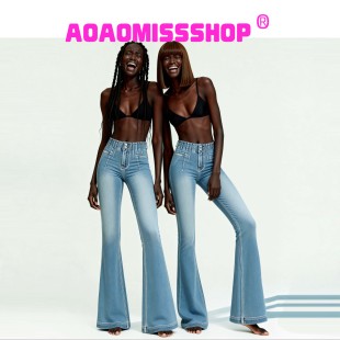 浅蓝色牛仔微喇叭长裤 button AOAOMISSHOP鳌鳌家欧美风Classic