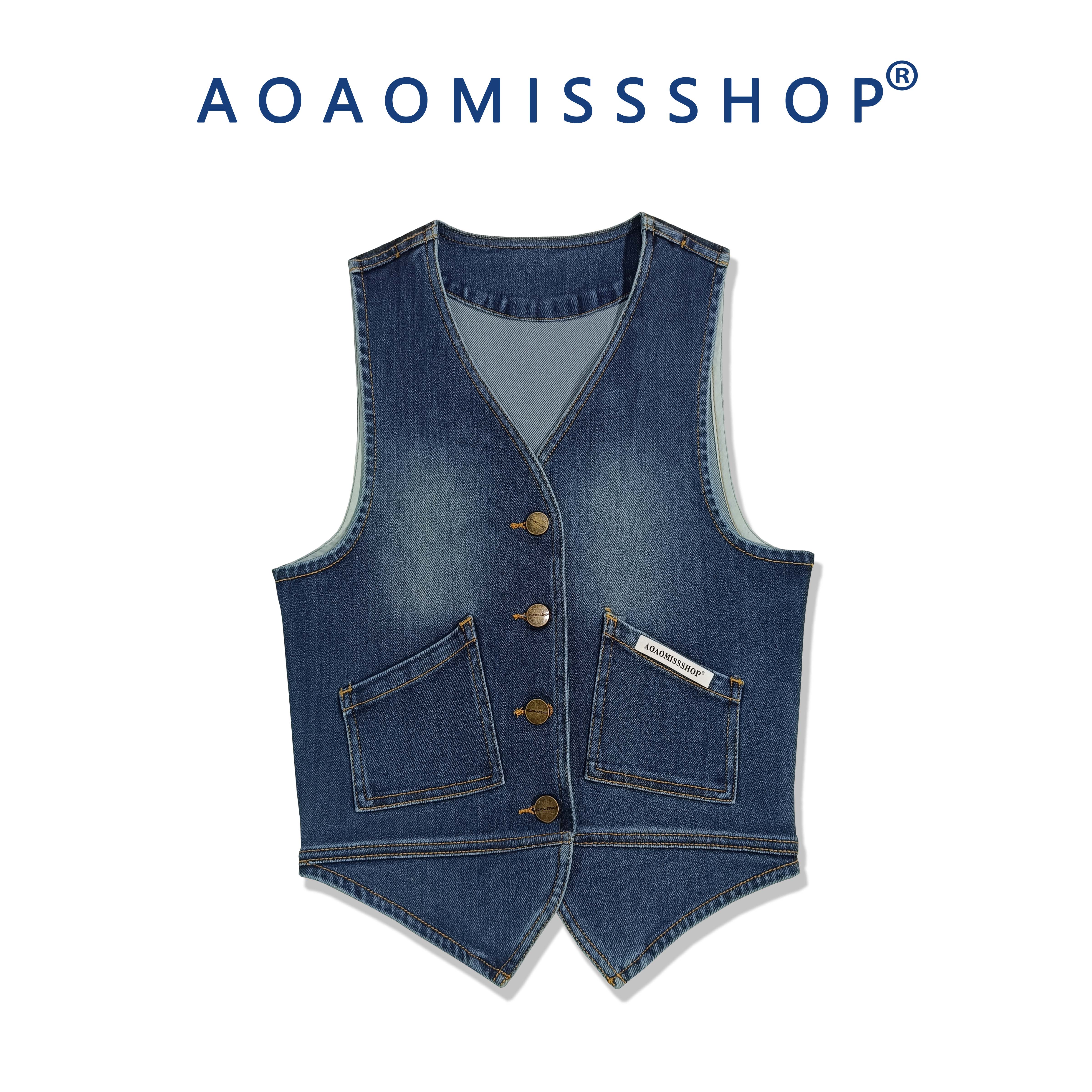 蓝色牛仔马甲修身上衣