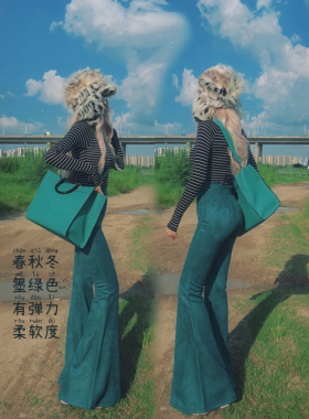 【墨绿色雪花绒大喇叭】AOAOMISSSHOP鳌鳌家秋款高级修身长裤