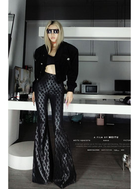 AOAOMISSSHOP 鳌鳌【不是皮裤】秋冬黑色字母印花鹿皮绒大喇叭裤