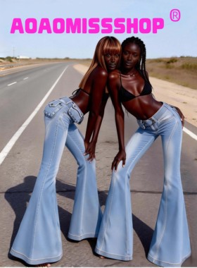AOAOMISSSHOP鳌鳌家 街头欧美bum bag浅蓝腰包牛仔大喇叭裤2026春