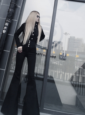 AOAOMISSSHOP2025春季新款黑色牛仔超高腰大喇叭裤女阔腿裤长裤潮