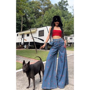 【超大裤脚】AOAOMISSSHOP 带腰型的樱桃刺绣牛仔阔腿裤拖地长裤