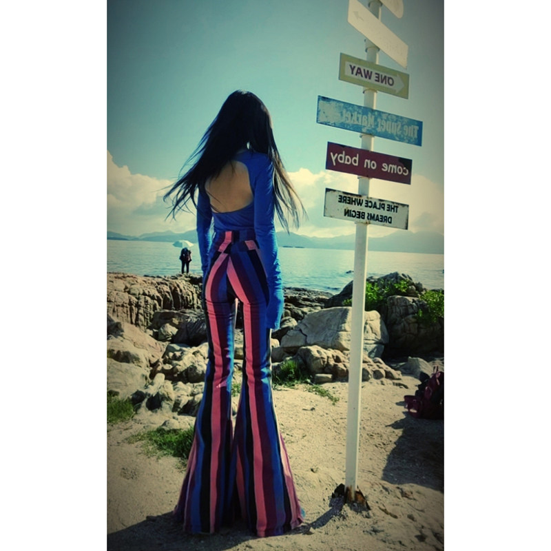 AOAOMISSSHOP 原创2025新款牛仔大喇叭裤彩色条纹大裤脚阔腿长裤