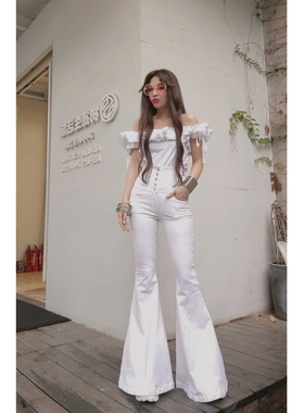 AOAOMISSSHOP 2026新款白色阔腿牛仔喇叭裤女.超高腰显瘦弹力大。