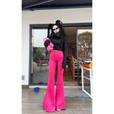 原创红色鹿皮绒大喇叭裤