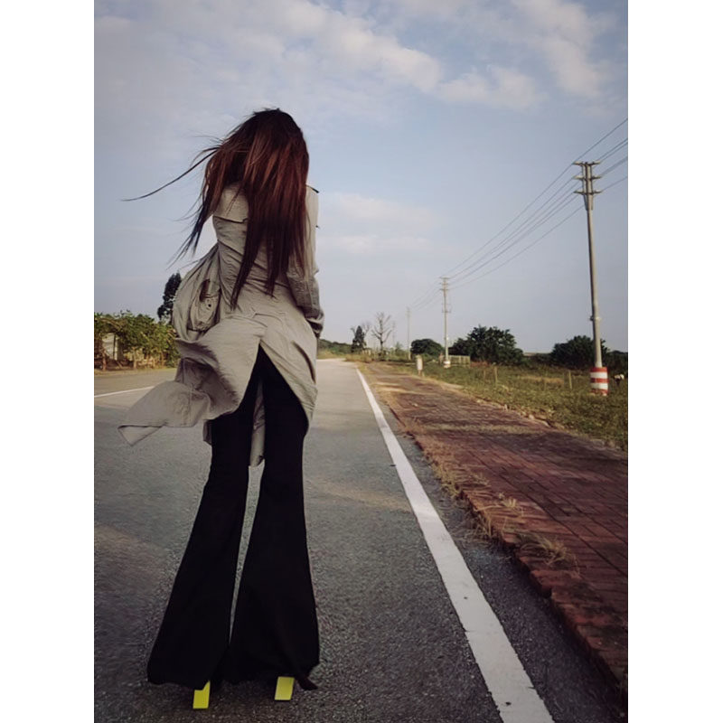 AOAOMISSSHOP鳌鳌家【鹿皮绒】秋冬原创设计黑色高腰弹力大喇叭裤