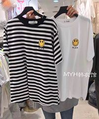 Combed cotton South Korea new fashion loose and versatile basic striped smile face short sleeve T-shirt