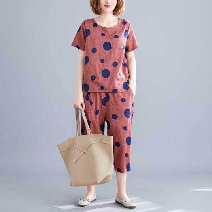 New summer wave point loose and slim casual pants suit harem Capris short sleeve T-shirt women's two piece set