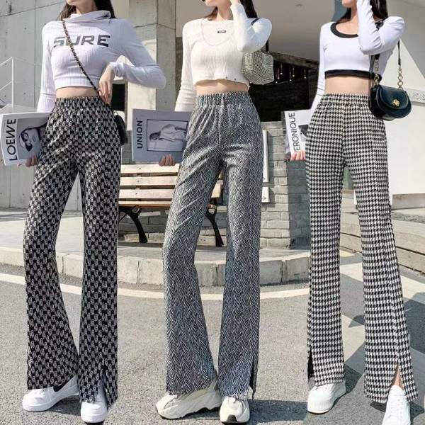 Split flared pants women's spring and summer new pants straight tube vertical sense leisure lattice sports floor dragging wide leg pants