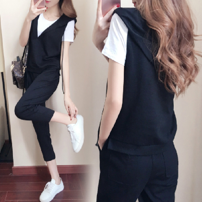 Spring fat sister suit large size women's suit Jin fat short sleeve coat vest Capris three piece set