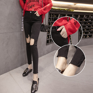 Korean high waist thin knee big hole elastic feet pencil pants pants slim jeans nine