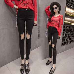 Korean high waist thin knee big hole elastic feet pencil pants pants slim jeans nine