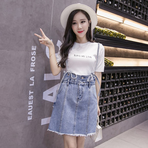 Korean women College summer wind all-match cowboy suspenders skirt slim skirt simple dress
