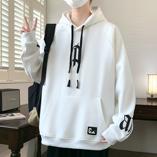 潮流连帽卫衣男青少年学生宽松印花春新款帅气初中生白色套头帽衫