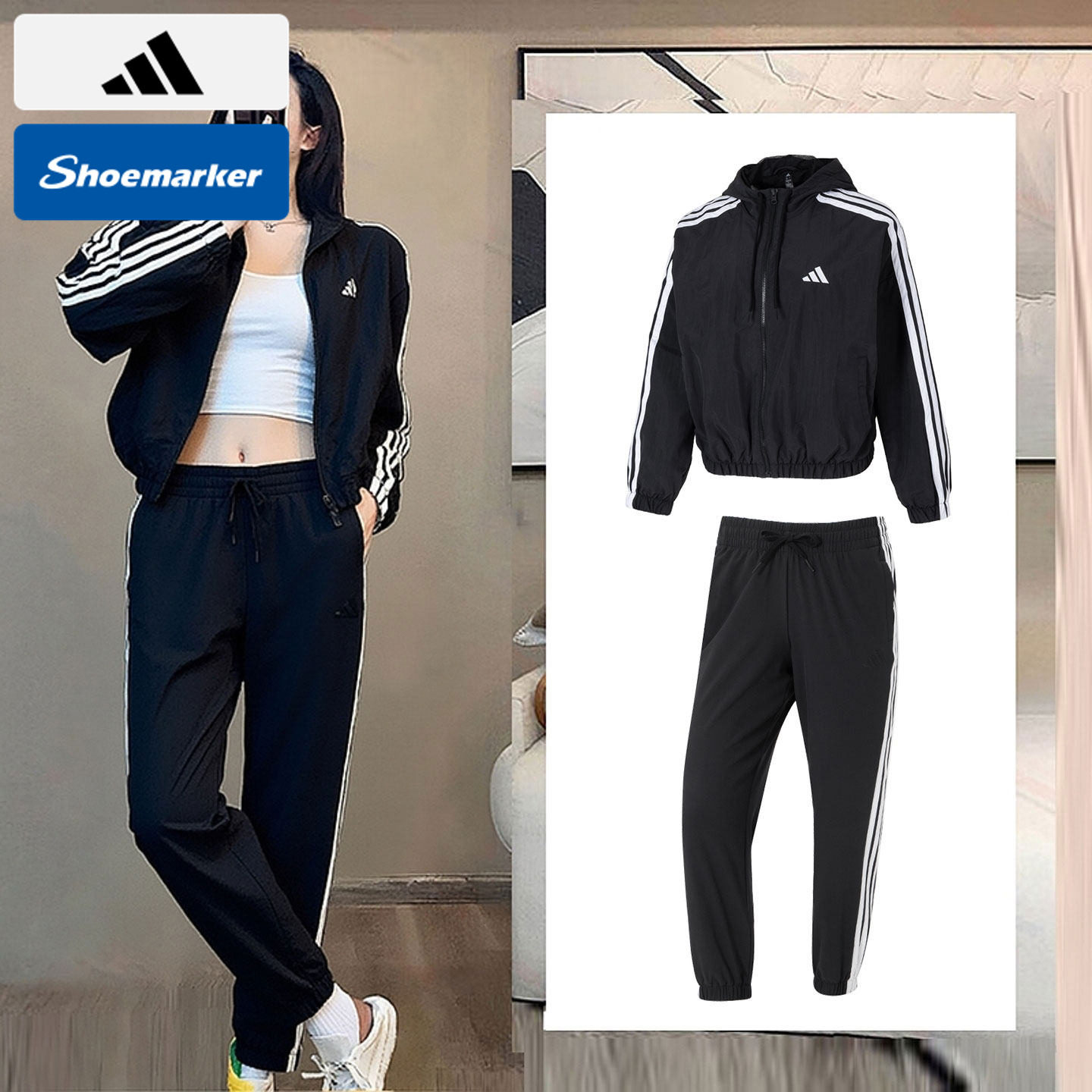 Adidas阿迪达斯女款运动跑步套装25春季新款梭织连帽夹克长裤两件