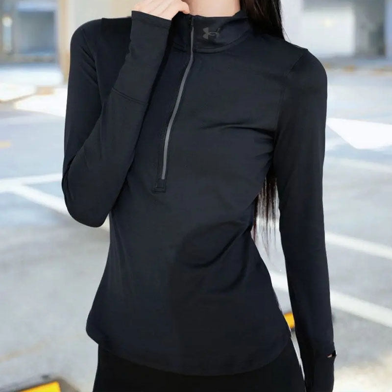 安德玛UA速干长袖t恤女装春新款修身健身衣半拉链女士运动训练服
