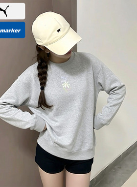 PUMA彪马套头衫女2026夏季新款针织纯棉上衣灰色圆领运动休闲卫衣