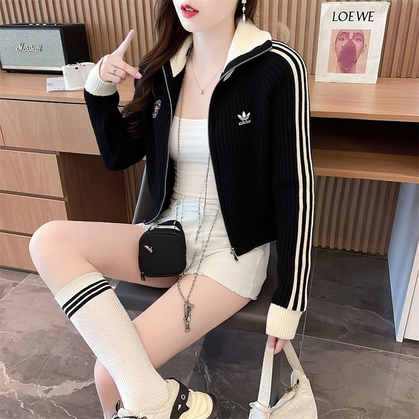 阿迪达斯三叶草官方正品女子休闲夹克秋季新款舒适针织外套KF0718