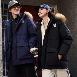 MLB羽绒外套男款女款2026新款冬季工装中长款毛领鹅绒羽绒服