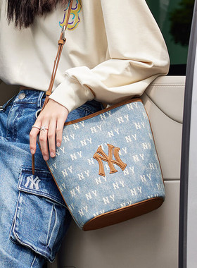 MLB单肩包女包水桶包2025新款牛仔满印老花运动包斜挎包3ABMMV65N