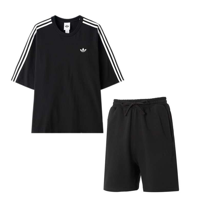 adidas阿迪达斯三叶草两件套男款黑色T恤短裤三条纹运动服套装男