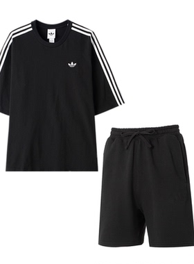 adidas阿迪达斯三叶草两件套男款黑色T恤短裤三条纹运动服套装男
