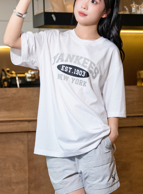 MLB官网白色短袖男女装2025冬季新款宽松T恤透气半袖潮3ATSV0843