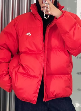 耐克新年款羽绒服女款冬季红色本命年短款保暖立领上装FZ5029-657