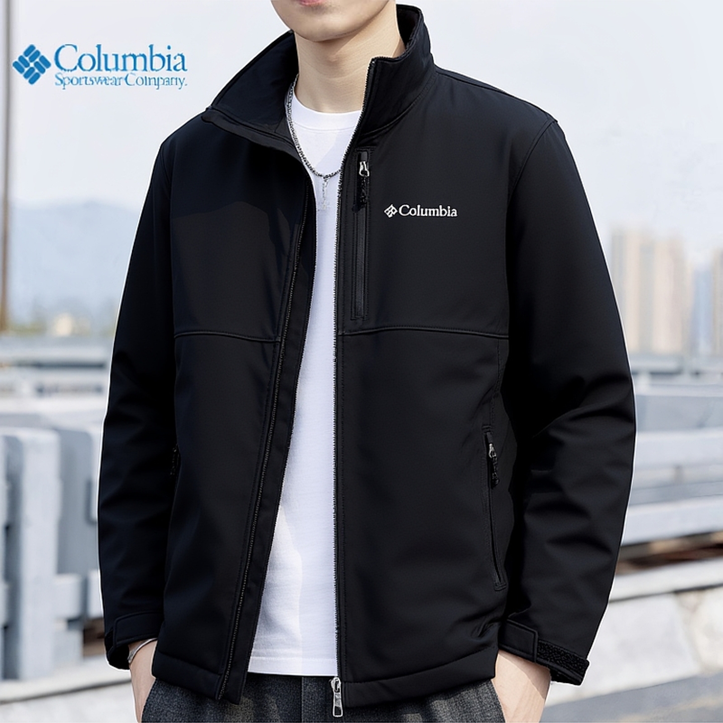 Columbia哥伦比亚男子夹克拒水徒步黑色抓绒保暖软壳衣外套WE6044